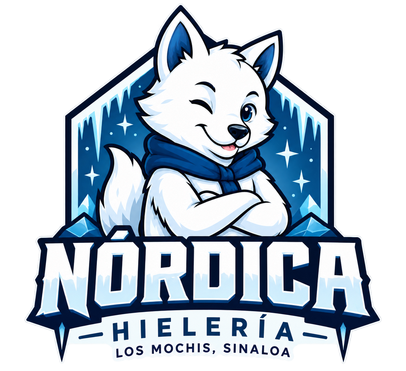 Nórdica Hielería, Los Mochis, Sinaloa. Emblema de perro ártico blanco con bufanda azul.